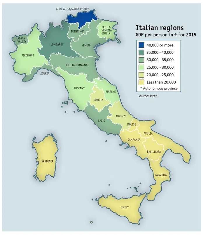 義大利各地的人均GDP