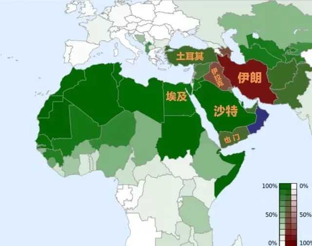 遜尼派（綠色）與什葉派（醬紅色）分佈