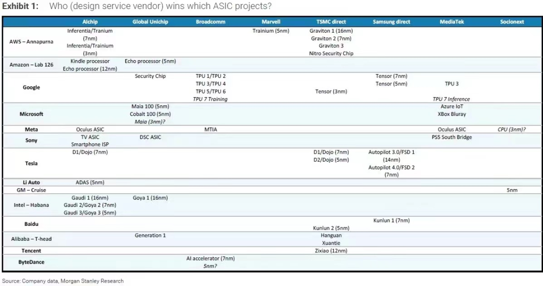 全球科技公司自研芯片布局，来源：摩根史坦利
