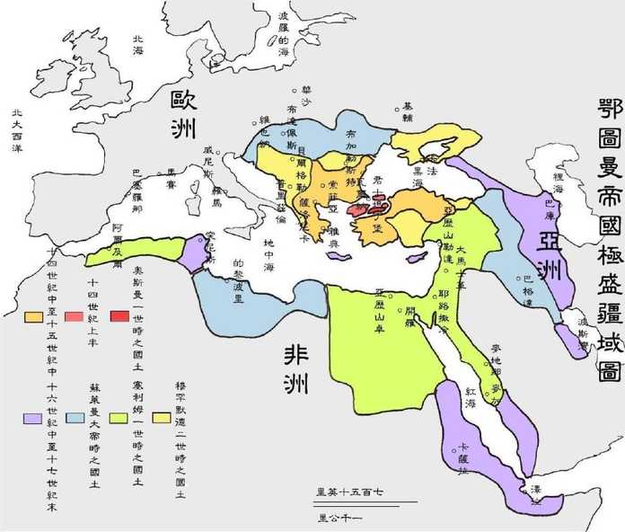 鼎盛時期的奧斯曼帝國 領土，包括埃及、兩河流域等阿拉伯領土